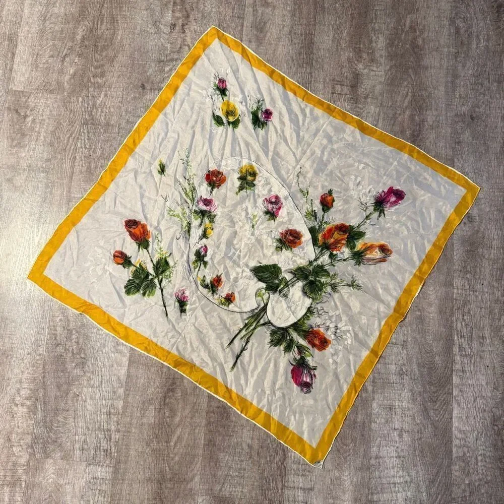Printed Japan Yellow Silk Scarf Floral Rose Paint Art Yellow White Artist VTG